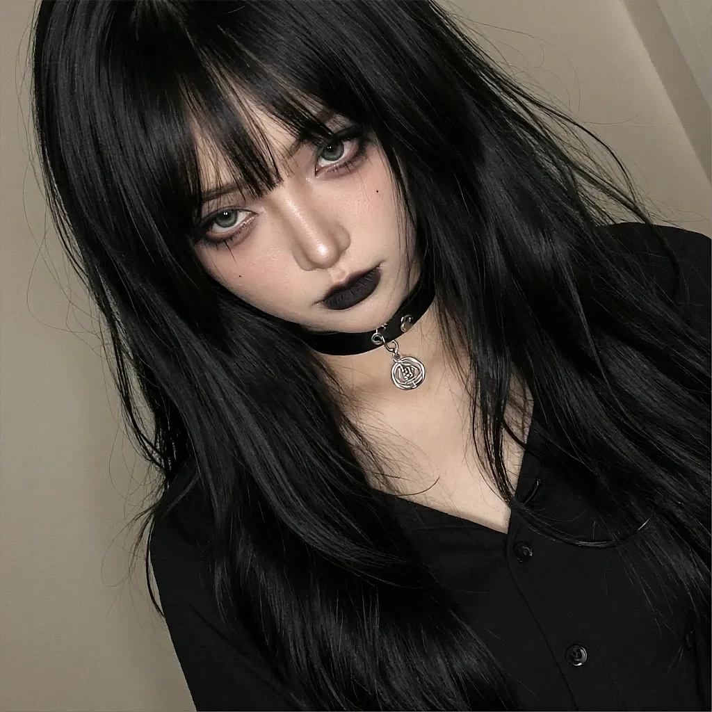 Fictional AI character with a blunt fringe and a black choker on a pale wall