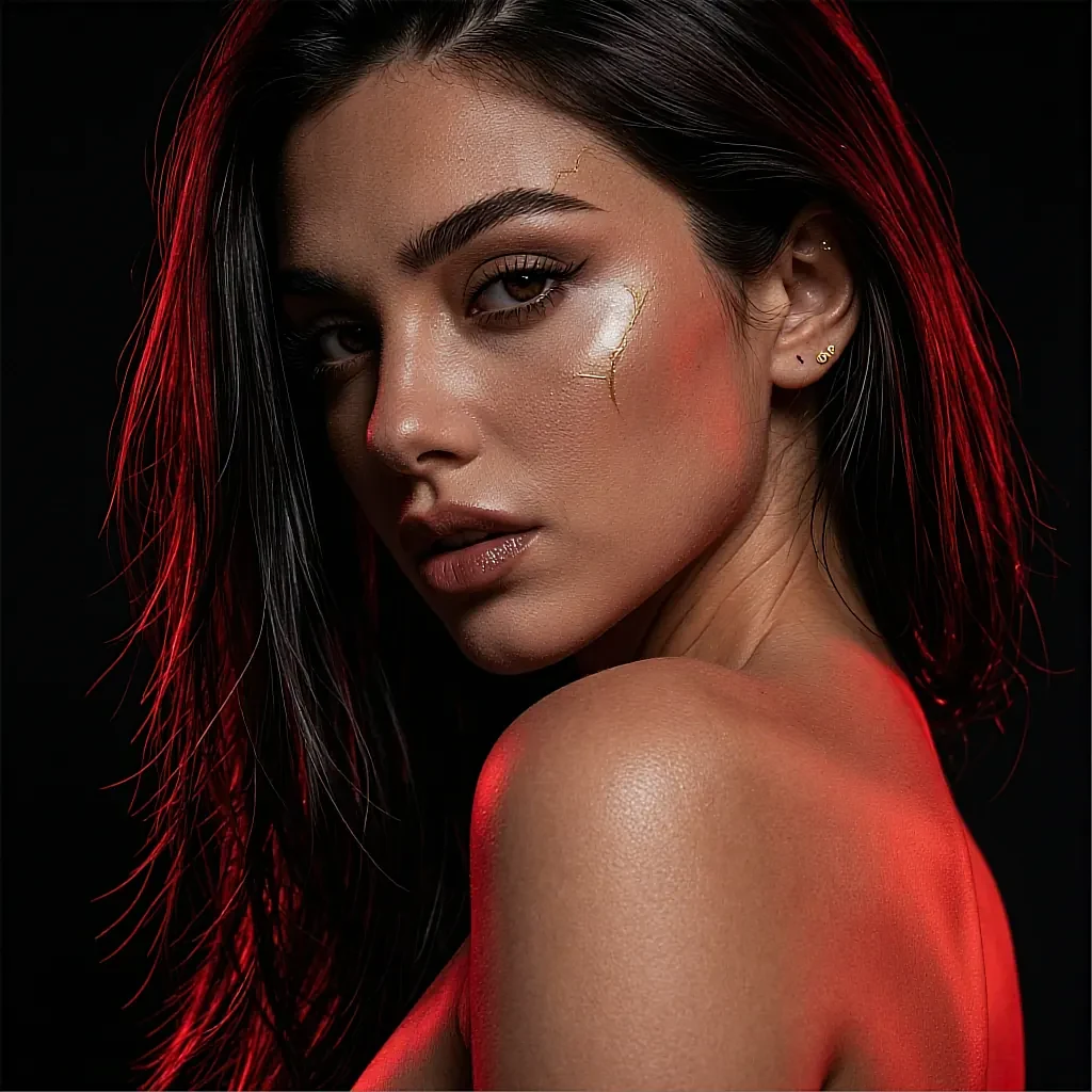 Fictional AI character with damp dark hair lit by a single red lamp