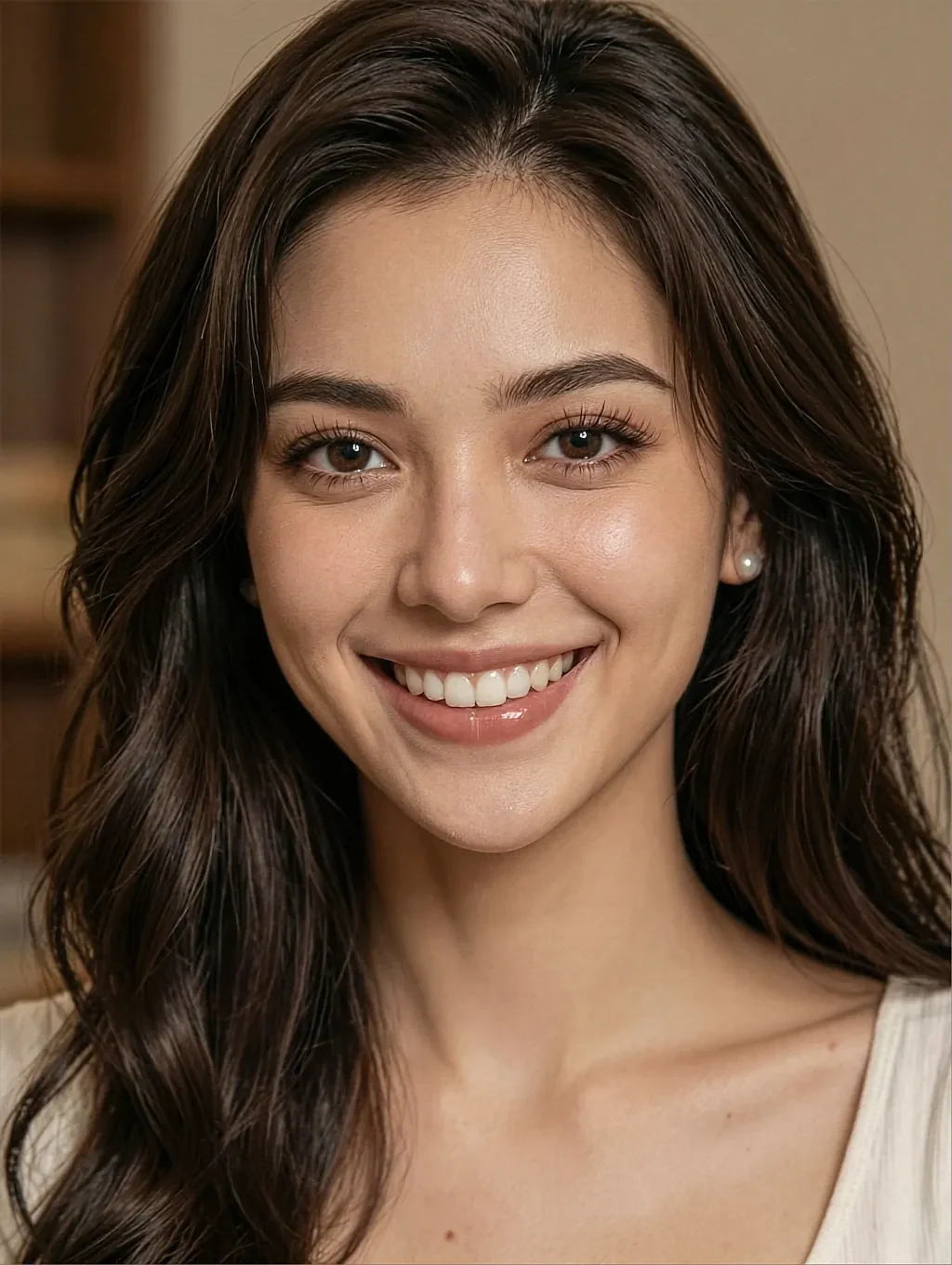 Fictional AI character with brown hair laughing in flat daylight