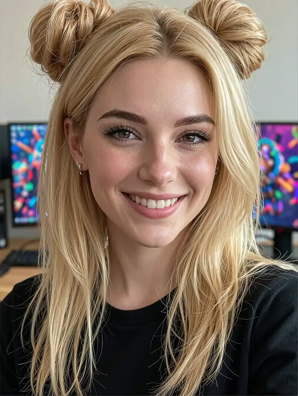 Fictional AI character with blonde space buns smiling in front of two monitors