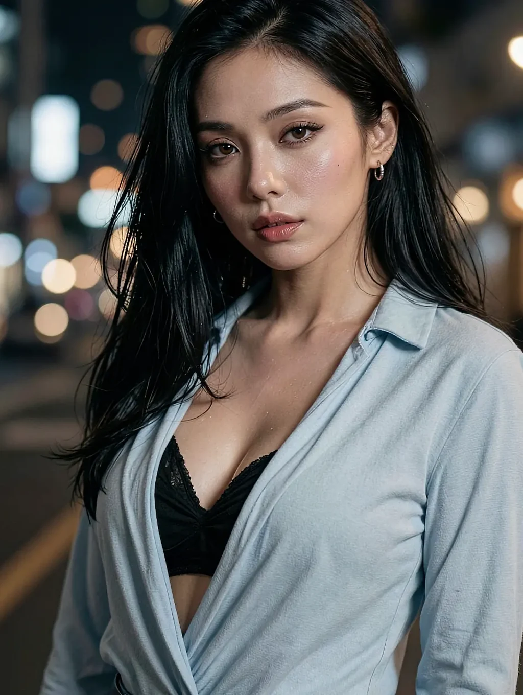 Fictional AI character in an open white shirt against city lights after dark