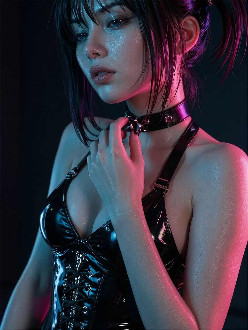 Fictional AI character with violet-tinted hair under a cold purple light