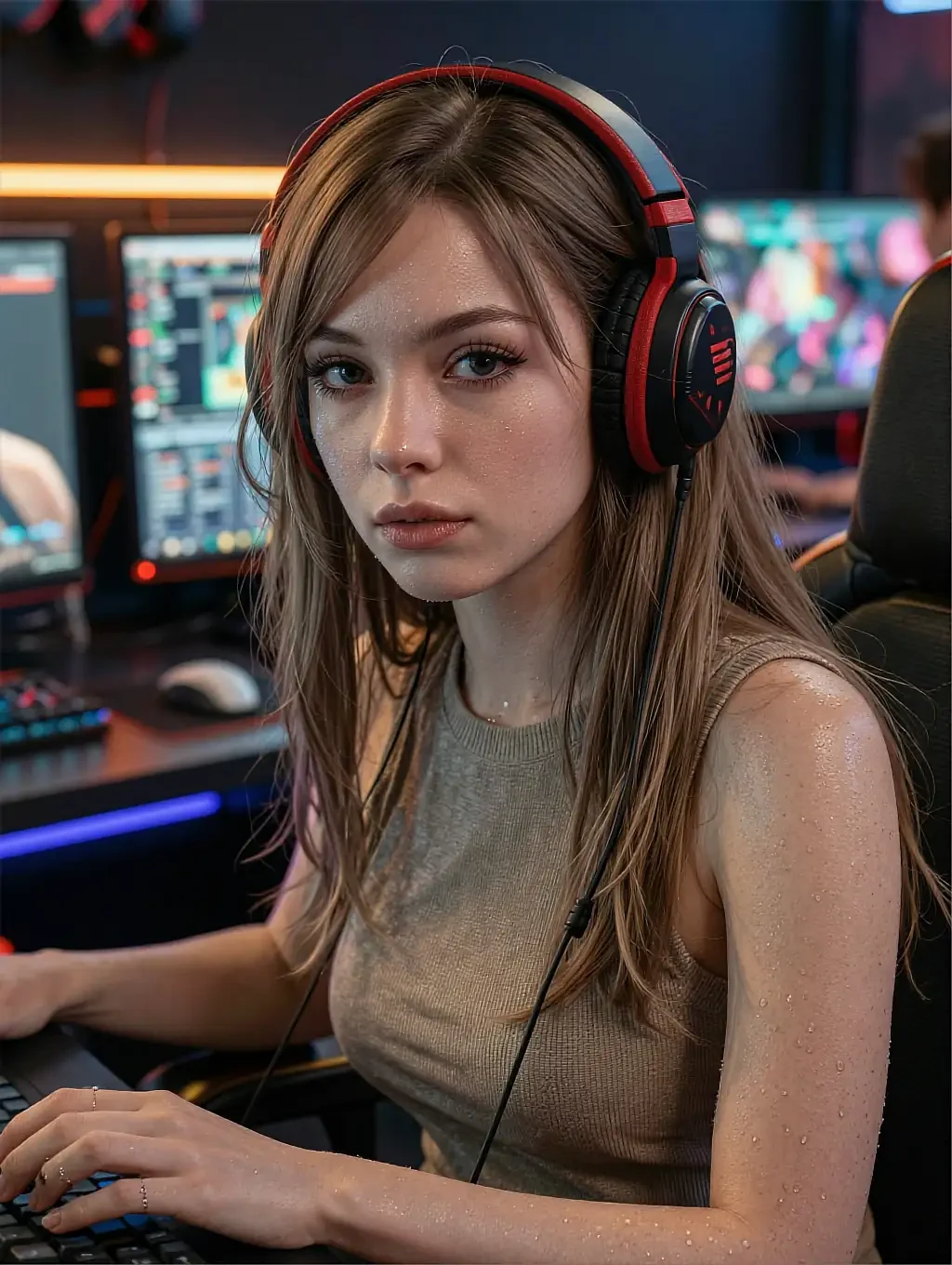 Fictional AI character in red headphones at a desk of lit monitors