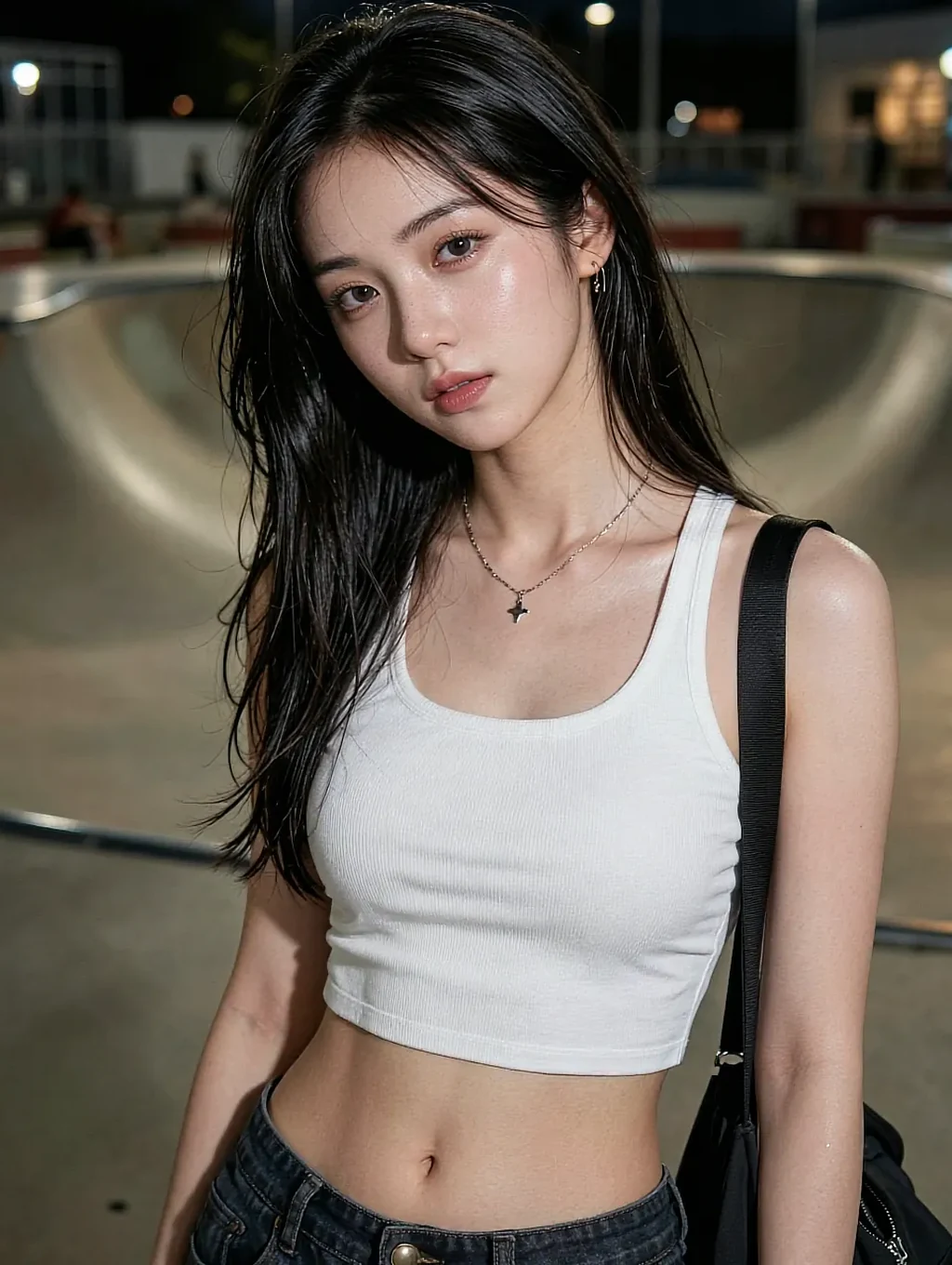 Fictional AI character in a white crop top on a lit street after dark