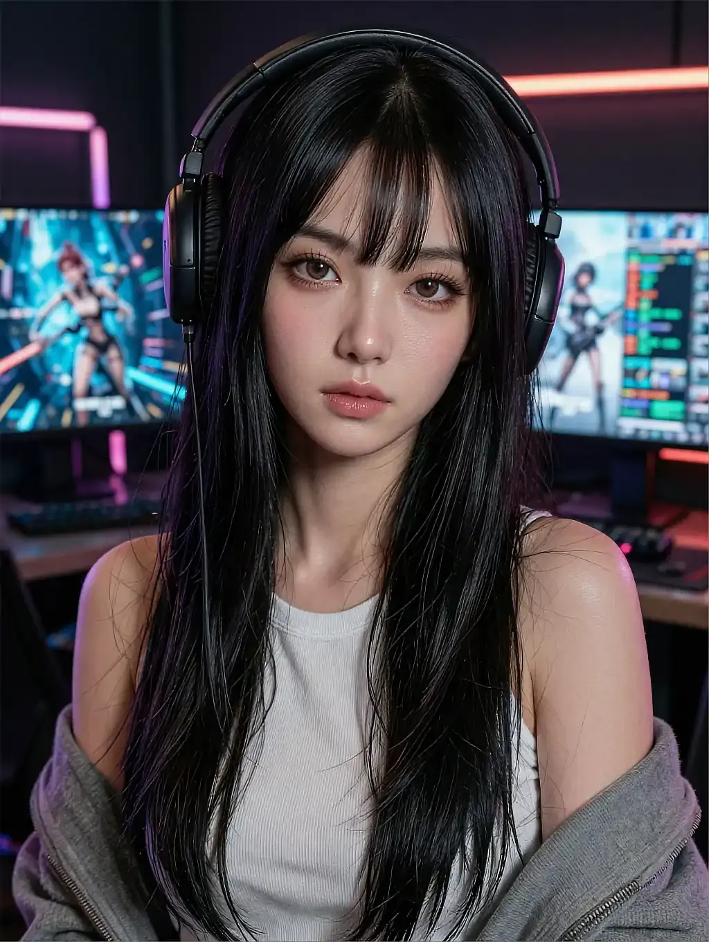 Fictional AI character in headphones and a grey vest at a lit gaming desk